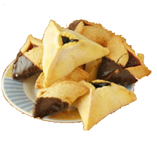 Hamantashen biscuits - a traditional purim treat. The pasty is often filled with fruits, nuts or poppy seeds. The trianglular shape is said to represent the shape of the ears of the defeated enemy, Haman